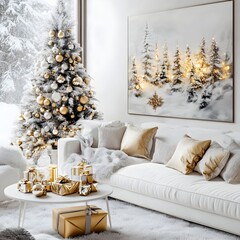 Cozy Winter Living Room with Decorated Christmas Tree and Fireplace