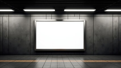 Realistic movie poster mockup in a subway station with a blank frame on a tiled wall. Ideal for showcasing film posters or ads in an urban setting.