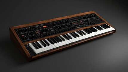 A vintage-style analog synthesizer with wooden casing and black keys.