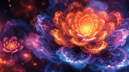 A vibrant digital artwork featuring glowing, fractal-like flowers in a cosmic setting.