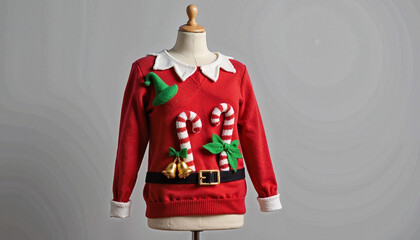 Red Christmas sweater with candy cane and elf decorations on mannequin