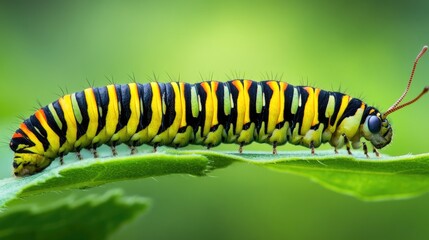 Caterpillar resting on a green leaf in its natural habitat