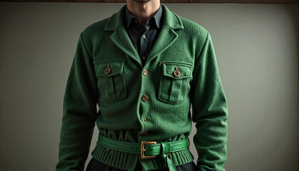Man in green belted cardigan over dark shirt