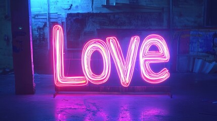 A neon sign spelling "Love" in a dark room.