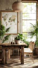 Realistic Illustration of Rustic Dining Room with World Map