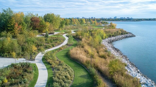 Aerial view of waterfront trail near Rotary Park in Ajax Ontario, Waterfront, trail, Rotary Park, Ajax, Ontario. 