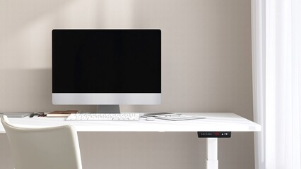 Desktop of modern white stand up desk with computer, keyboard, mouse, leather notebook in sunlight from window on beige wall for home office working, technology, lifestyle product background 3D