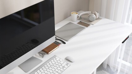 Desktop of modern white stand up desk with computer, leather notebook, headphone in sunlight from window on beige wall for home office working, technology, lifestyle product background 3D