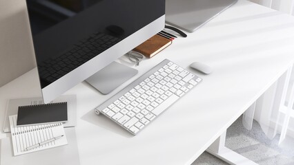 Desktop of modern white desk with computer, keyboard, mouse, leather notebook, smart watch in...