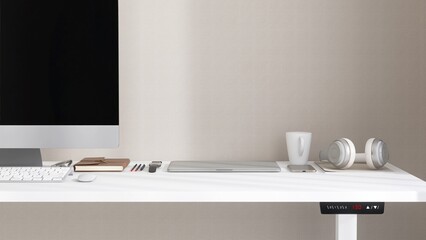 Desktop of modern white stand up desk with computer, leather notebook, headphone in sunlight from window on beige wall for home office working, technology, lifestyle product background 3D