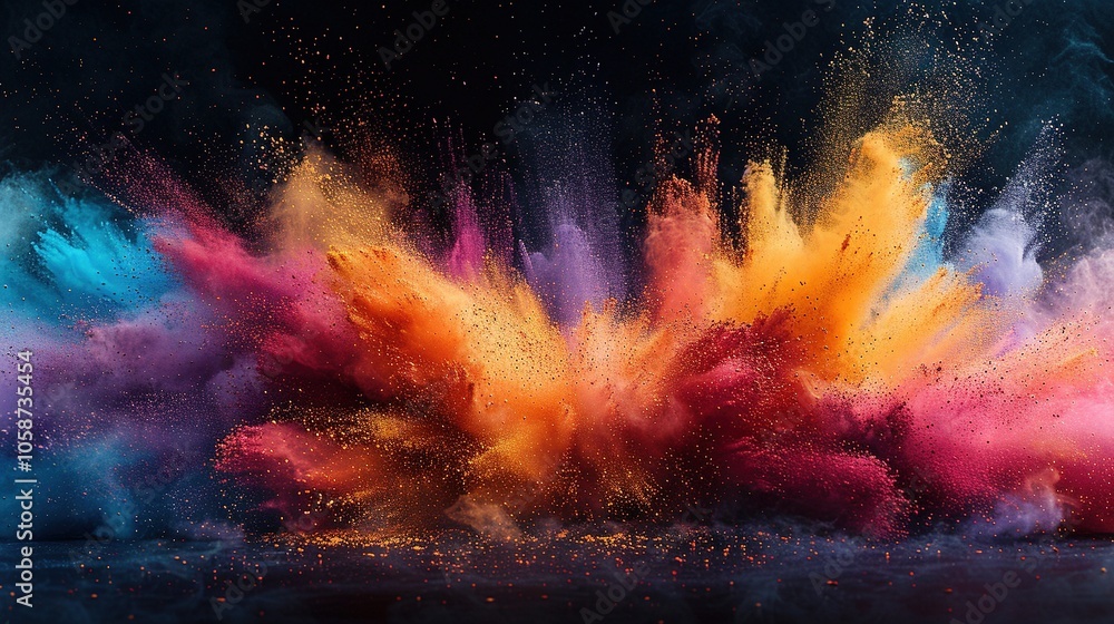 Poster a vibrant explosion of colorful powders creating an artistic and dynamic visual effect.