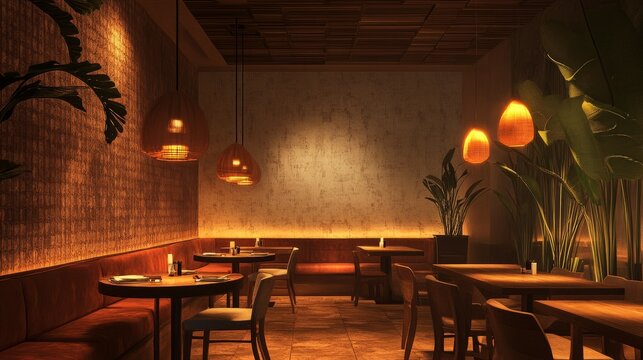 Modern, cozy restaurant with a textured empty wall, warm pendant lights, and inviting seating, creating a chic, intimate atmosphere