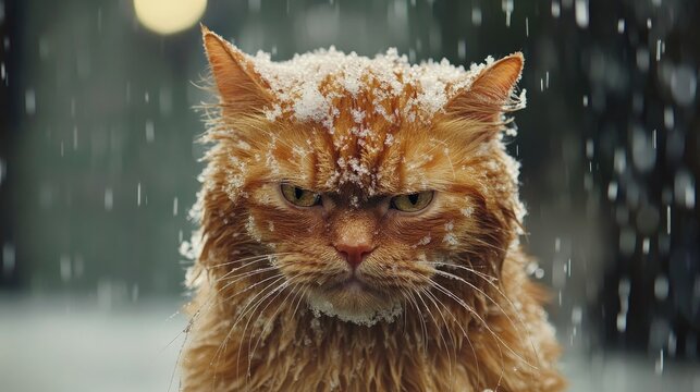 A soaked ginger cat with a disgruntled look is in the rain its fur adorned with snow like foam