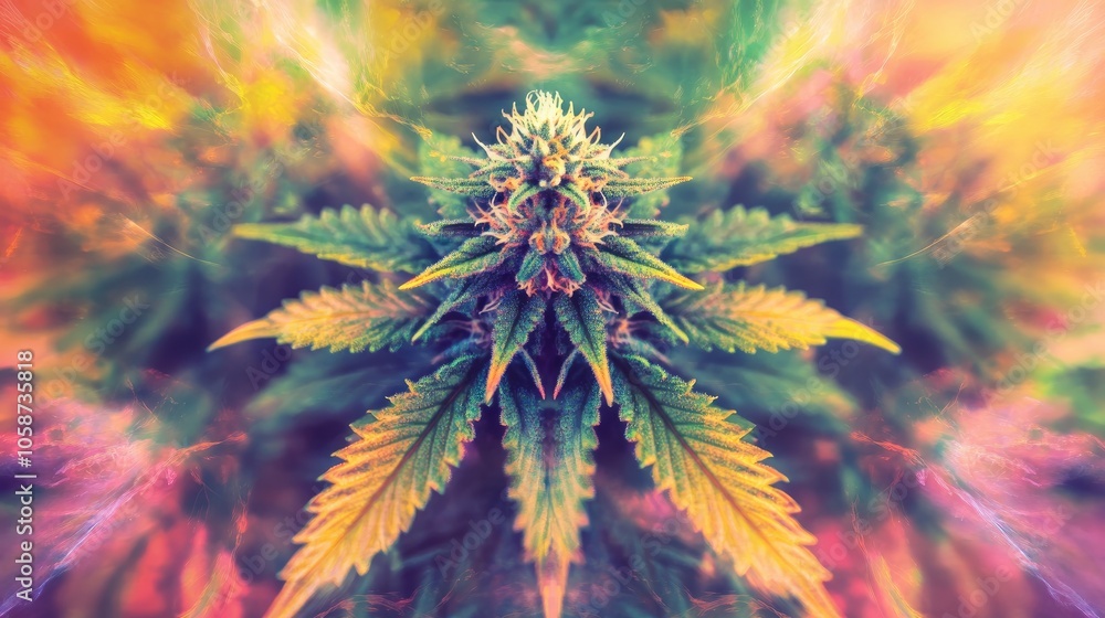Poster a vibrant abstract kaleidoscopic glitch design featuring cannabis creates a visually striking backgr