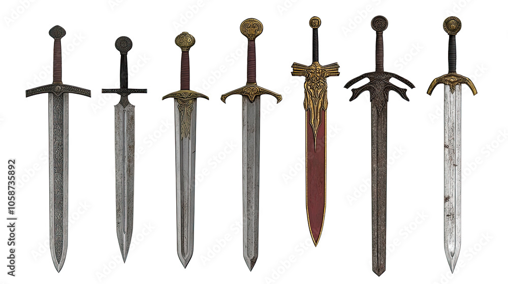 Aufkleber collection of ancient swords from various cultures displayed isolated generative ai