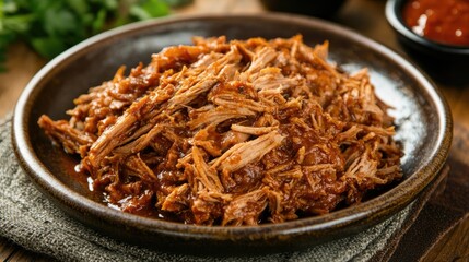 Close up detail of pulled pork served on a brown porcelain plate