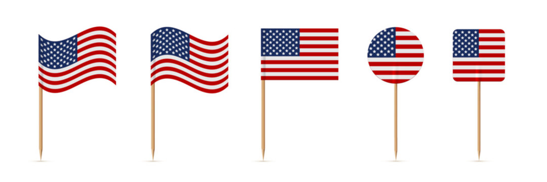 American flags on toothpicks. Paper mini flags of United States of America on wooden sticks. Isolated flagpoles on wood vertical stands. 3D realistic vector illustration set for food decoration.