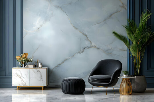 Illustration of Modern Interior with Marble Wall and Black Velvet Chair