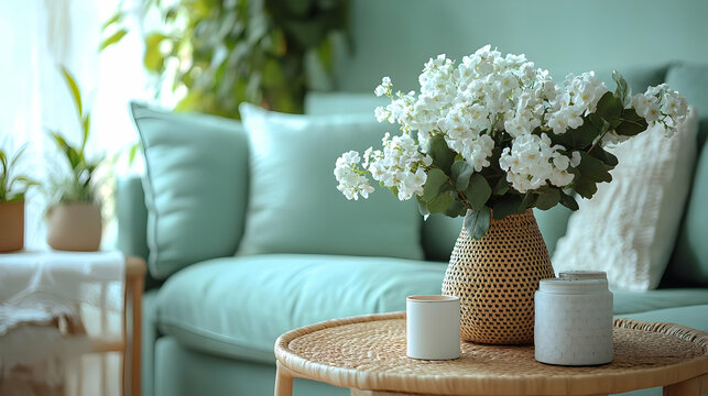 White Flowers Interior Photo: Bouquet and Decor on Rattan Table