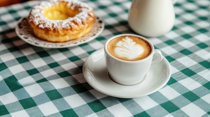Black coffee in a white porcelain cup accompanied by milk and a traditional vanilla custard pastry on a checkered tablecloth