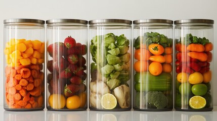A variety of fruits and vegetables displayed in glass containers
