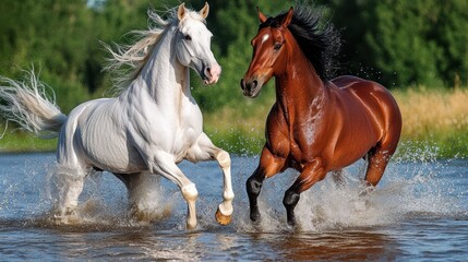 Two horses, one white and one brown, running through a shallow river, splashing water.