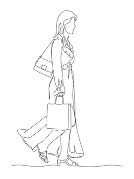 recommend clip art: Woman with shopping bag walking. Wear long dress in summer season. Side view. Continuous line drawing. Black and white vector in line art style.