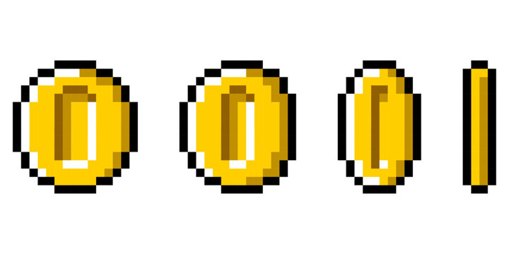 Classic retro 8-bit pixel art coins in different perspectives 