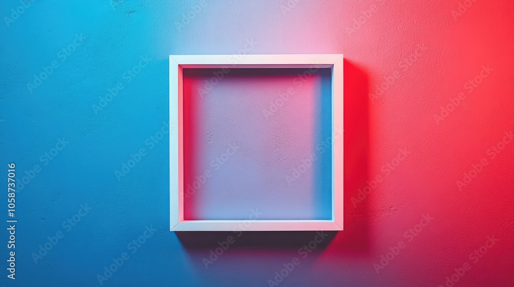 Poster border frame in red white and blue on a blank backdrop featuring a white square shape outlined by a 