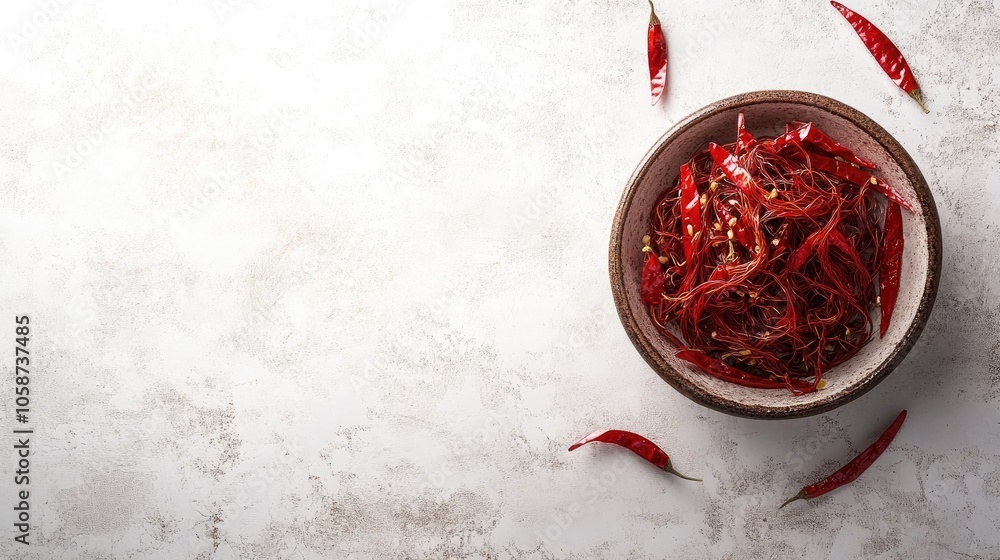 Poster chili threads in a bowl on a textured white backdrop providing ample empty space for additional text
