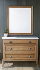 Wooden Chest of Drawers with Marble Top, Blank Picture Frame Leaning on Dark Wall, Home Decor Mockup