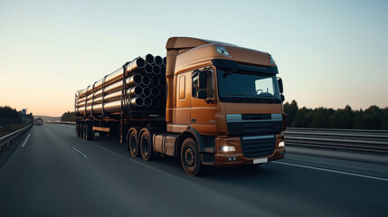 Orange semi-truck transporting large metal pipes on a highway during early morning or late afternoon, with clear sky and forest in the background.