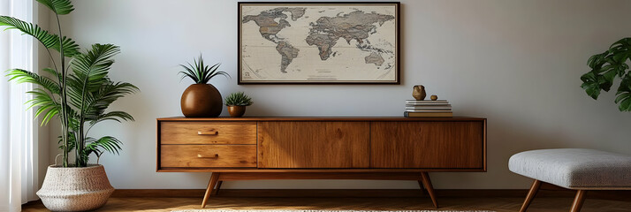 Mid Century Modern Living Room Interior Illustration with World Map