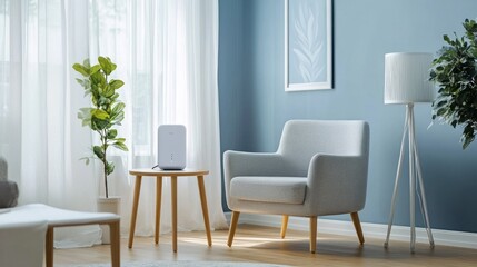 Stylish living room with Wi-Fi router on a side table beside an armchair, featuring modern decor and natural lighting for a relaxing tech-savvy space