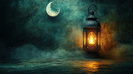 An Arabic lantern with burning candle and moon against dark green backdrop, an elegant Islamic holiday banner for Ramadan Kareem or Eid Mubarak with ample space for personalized messages