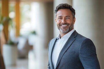 Naklejka premium Confident Male Executive in Gray Suit with Tie Smiling