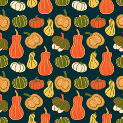 Bright pumpkin seamless pattern. Autumn repeating background. Squash endless print. Season ornament. Thanksgiving and Halloween wallpaper. Best for wrapping, textile, packaging, stationery, fabric.