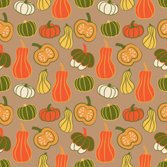 Bright pumpkin seamless pattern. Autumn repeating background. Squash endless print. Season ornament. Thanksgiving and Halloween wallpaper. Best for wrapping, textile, packaging, stationery, fabric.