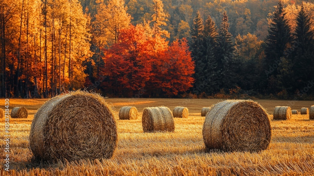 Poster a field of hay bales with a tree in the background