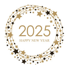 Happy New Year 2024, greeting card. Vector illustration. Golden stars on white background.
