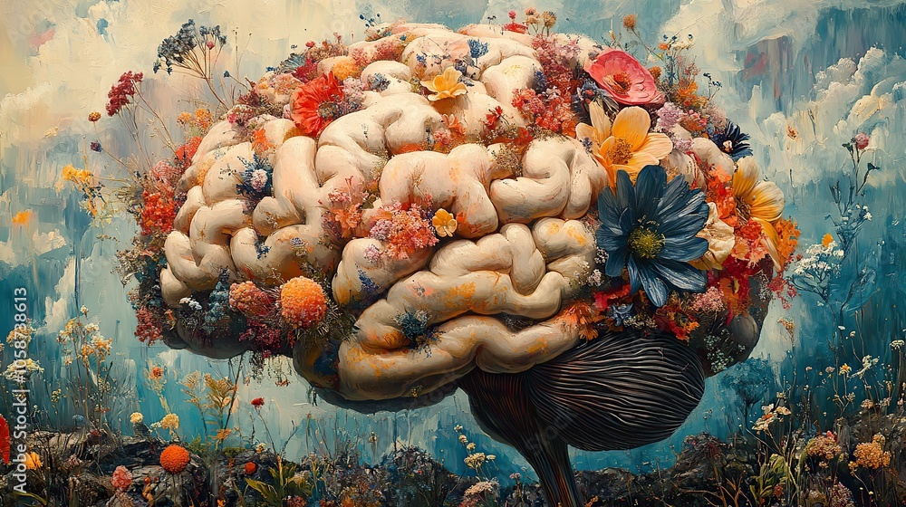Poster an artistic depiction of the human brain using colorful collage elements to represent cognitive proc