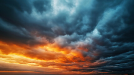 Dramatic sunset sky with vibrant orange and red clouds merging into dark blue storm clouds, creating a contrasting and atmospheric landscape in the evening.