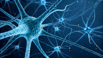 A detailed and vibrant representation of interconnected neurons in a neural network. The neurons are depicted in a blue hue, with intricate details of their branching structures and central nucleus.