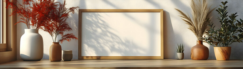 Illustration - Minimal Interior Mockup with Plants,  Vases and Wooden Frame on Table