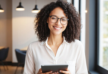 Obraz premium young business woman using tablet pc application for online remote work at office business