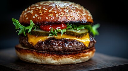 A hamburger with cheese and pickles on it