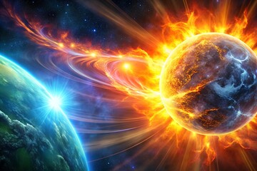 solar flare close up with plasma. solar flare concept, bright colors, magnetic storm. astronomy