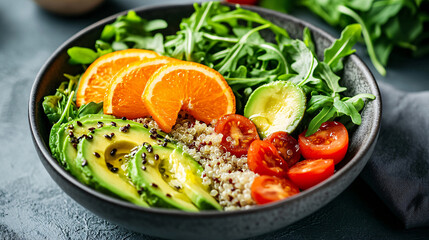 Delicious Healthy Quinoa Salad with Avocado, Orange and Cherry Tomatoes in a Black Bowl