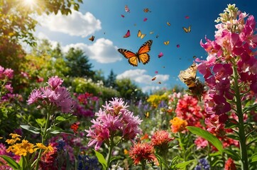 Bathed in sunlight, monarch butterflies flutter above a colorful garden. The lush greenery and bright blossoms make for an enchanting scene of natural beauty