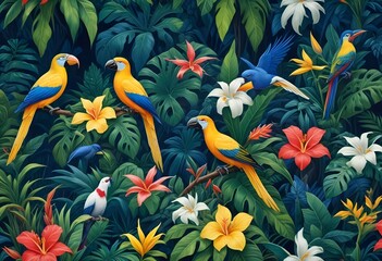 Tropical exotic pattern with animal and flowers in bright colors and lush vegetationn